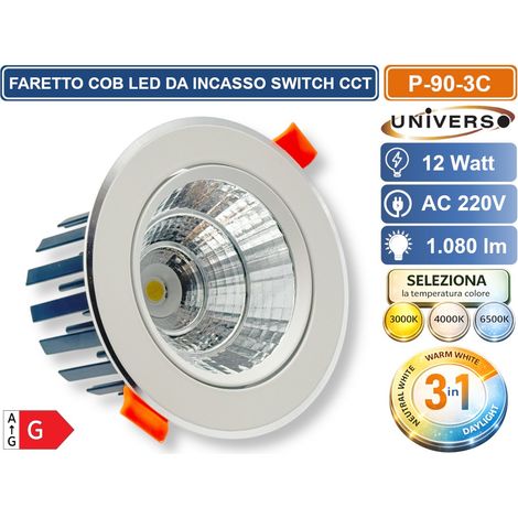 UNIVERSO P-90-3C  FARETTO DA INCASSO ORIENTABILE COB LED 12W CON SWITCH CCT PER SELEZIONE LUCE 3000K/4000K/6500K (1/5)