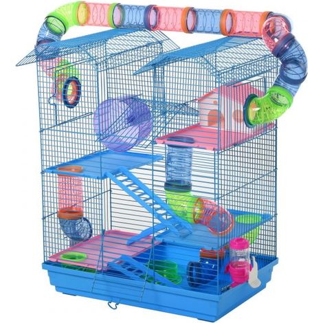 EASYCOMFORT Gabbia per Criceti e Roditori a 5 Piani con Tubi Colorati, Ruota, Casetta e Accessori Inclusi, Blu, 47x30x59cm