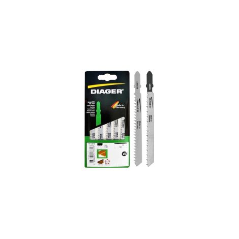 Hojas de sierra de calar HCS para madera y plásticos L001W5, 5 hojas, 100/75 mm, avellanadas, 8,5 tpi (3 mm), corte rápido en forma de 'T'. DIAGER (1/2)