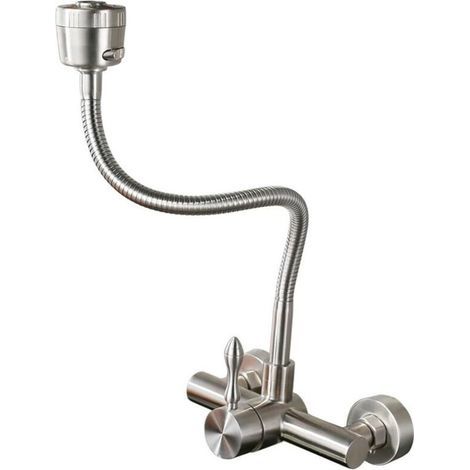Grifo mezclador de cocina, acero inoxidable 304, montaje en pared, grifo de cocina giratorio de 360° con caño flexible (montaje en pared) (1/5)