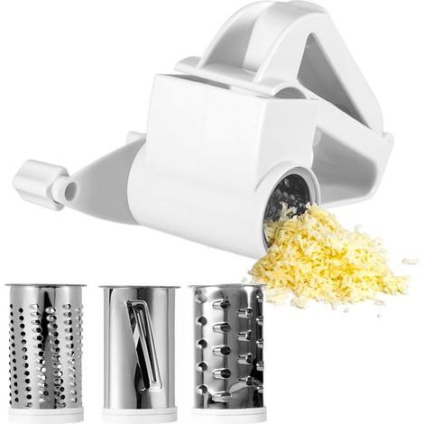Râpe à fromage manuelle à manivelle, coupe-parmesan avec 3 tambours interchangeables, amovibles et lavables au lave-vaisselle en acier inoxydable pour un râpage sans effort