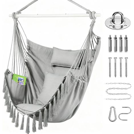 Chaise Suspendue XXL, avec 2 Coussins et 1 Oreiller pour Cou balançoire de détente avec barre d’acier renforcée et pochette de rangement latérale (Gris) (1/5)