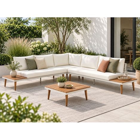 Conjunto de jardín de madera de acacia 5 plazas con sofá esquinero y mesa de centro cojines blanco crema Corato (1/5)