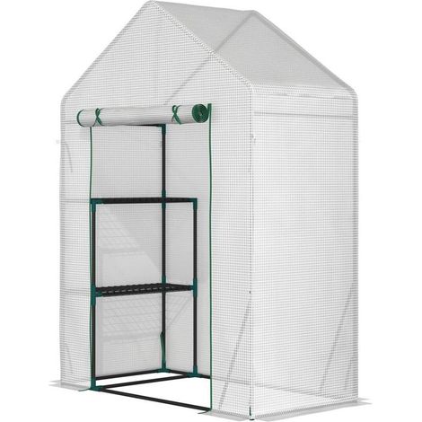 SERRA DA GIARDINO IN PE E ACCIAIO PER ESTERNI CON 2 SCAFFALI E PORTA AVVOLGIBILE. 143X73X195 CM. BIANCO (1/5)
