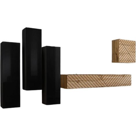 Ensemble meuble salon SWITCH III design, coloris noir et chêne. Finitions brillant et effet chêne fraisé.