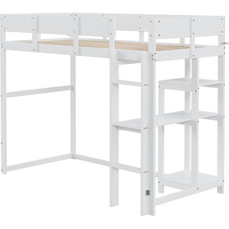 Cama alta 90 x 200 cm con estantería, madera de pino blanca (1/5)