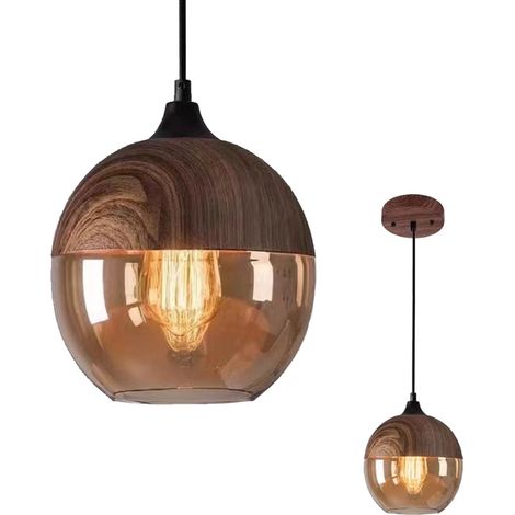 Lampadario rustico e moderno in vetro ambrato e legno, regolabile in altezza per una luce calda e versatile in qualsiasi ambiente (lampadine non incluse). (1/4)