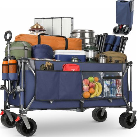 Chariot de transport pliable XXL 120 x 57,5 x 44 cm, charge 250 kg, roues tout-terrain avec freins, tissu Oxford 600D bleu gris, pour jardin et camping - CHICFURN (1/5)
