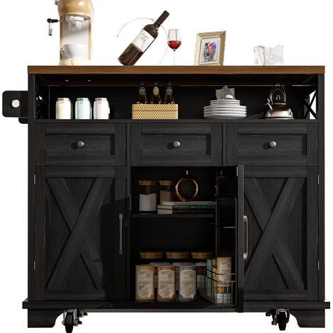 CHICFURN Isola da cucina mobile 118x43x98 cm in MDF e metallo nero, salvaspazio (1/5)