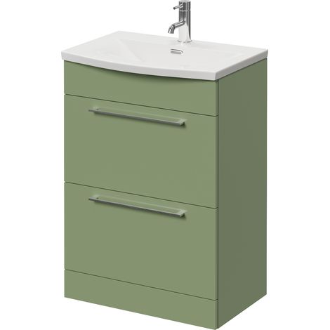 Napoli 390 Olive Green 600mm 2 Drawer Vanity Unit with Arc Basin - 600mm - Chrome 320mm Handle