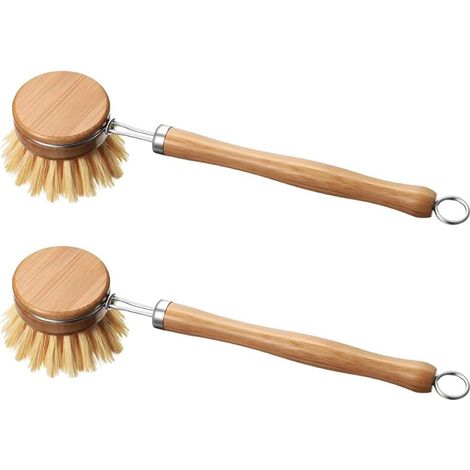 Spazzola per piatti in bambù con testina sostituibile, spazzola per la pulizia di pentole e padelle, spazzole per lavastoviglie con manico lungo, spazzole da cucina con manico in legno (colore origina (1/5)