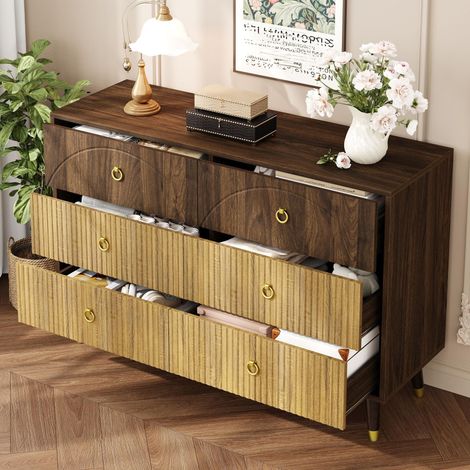 Buffet commode de rangement 120x40x81cm, meuble de salon salle à manger entrée bahut rétro chic, MDF 6 tiroirs poignées dorées, Naturel (1/5)