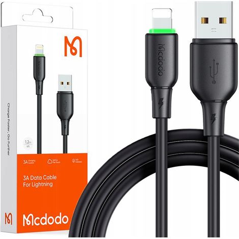 Cargador Mcdodo con cable USB Lightning de carga rápida para iPhone, 1 m, LED negro (1/5)
