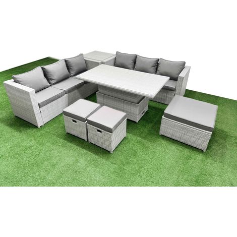 Fimous 7 PCs Rising Dining Table Set Rattan Furniture Set with 3 Seater Sofa 3 Footstools Side Table Light Grey (1/5)
