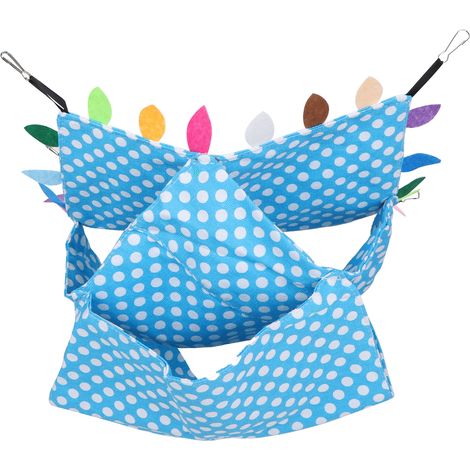 Hamac pour petits animaux, hamster, lit suspendu à 3 niveaux, maison suspendue pour oiseaux de compagnie, hamac à 3 niveaux bleu ciel à pois (avec feuilles) (1/5)