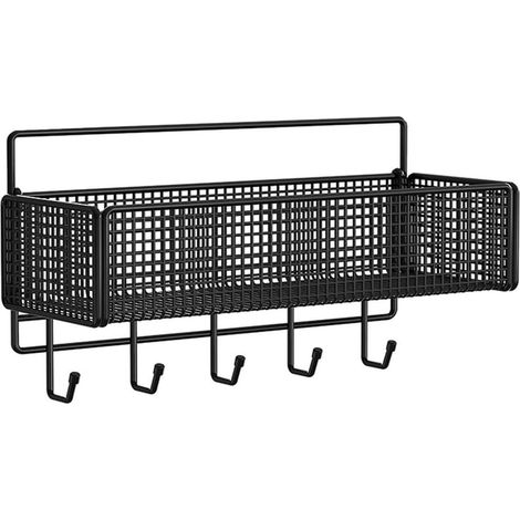 JSSEVN - Wall-Mounted Storage Basket, No Drilling Required, Multifunctional Storage Basket for Bedroom, Black with Hook, 26.7 × 15.2 × 12.5 cm (1/5)