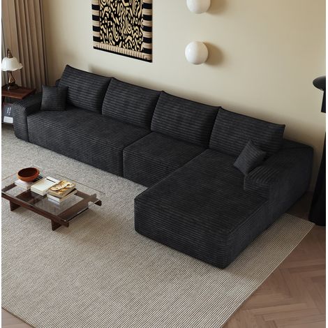 Divano angolare modulare 340 cm con chaise longue a L, tessuto a coste nero DESVIAE (1/5)