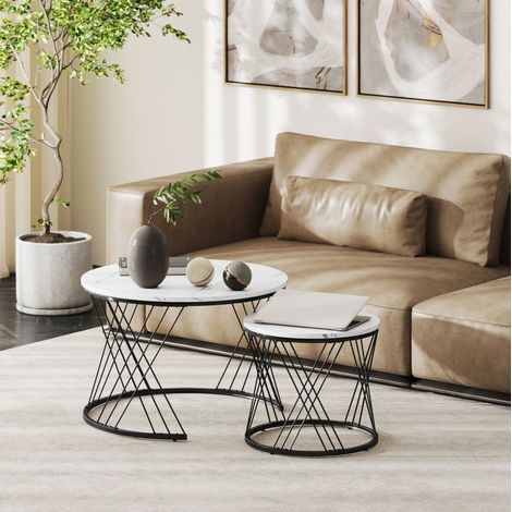 Mesa baja auxiliar redonda efecto mármol, lote de 2, 70 x 70 x 46,5 cm, blanco DESVIAE (1/5)