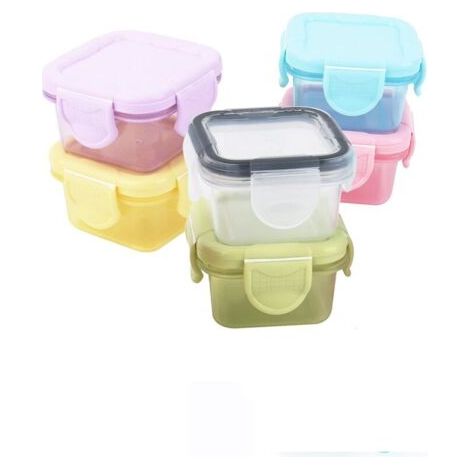 Un ensemble de six mini boîtes de rangement hermétiques et épaisses de qualité alimentaire, adaptées aux enfants et à un usage domestique, comprenant des pots à confiture.