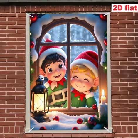 Bannière de Noël à suspendre à la fenêtre, décoration festive, toile de fond bonhomme de neige et Père Noël pour les fêtes de fin d'année - 80 x 120 cm (polyester) - 16
