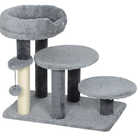 Albero tiragraffi con scaletta per gatti in peluche e sisal, grigio, 60x40x56 cm HOMVRA (1/5)