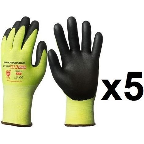 5 paires de gants HPPE enduction nitrile haute visibilité N318HV EuroCut - Taille: 7