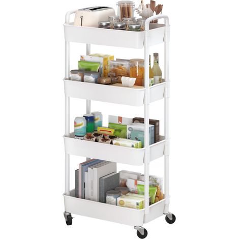 chariot roulant en plastique 4 couches, chariot de rangement multifonctionnel, bureau, salon, cuisine, boîte de rangement mobile avec roues, 39 29 104cm, Blanc (1/5)