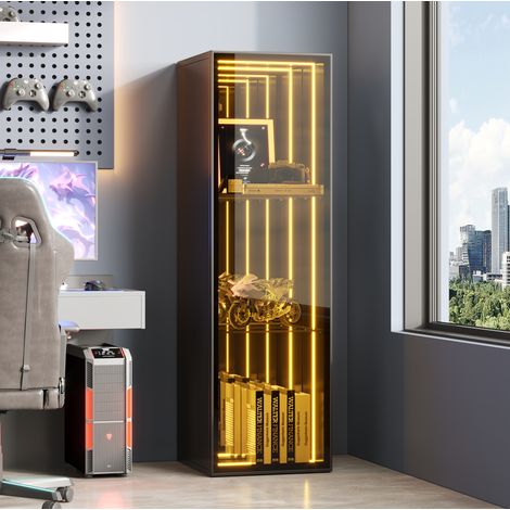 Vitrine 30 x 30 x 90 cm en MDF, verre trempé et aluminium, avec bande LED, noir DESVIAE (1/5)