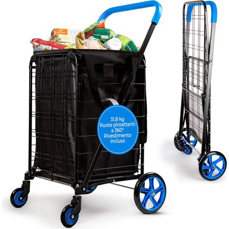 SereneLife Carrello Spesa Pieghevole, Carrellino Ruote Portatutto Telaio in Acciaio, 32 kg, Ruote 360°, Borsa Impermeabile Removibile, Blu (1/5)