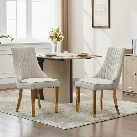 Esszimmerstühle 2er Set mit goldenen Edelstahlbeinen, Chenille-Stoff, beige (1/5)