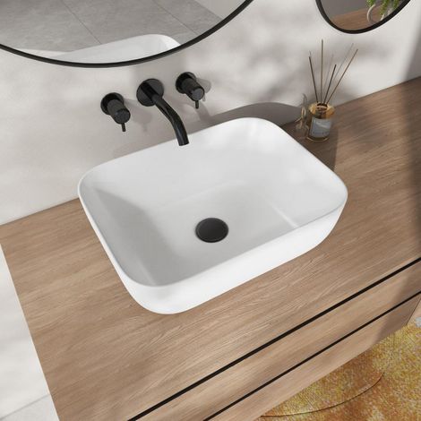 Vasque à poser rectangulaire en céramique sanitaire blanche 40 x 30 x 13cm – Surface ultra-lisse – Écoulement rapide – ERIVB026 – Eridanus (1/5)