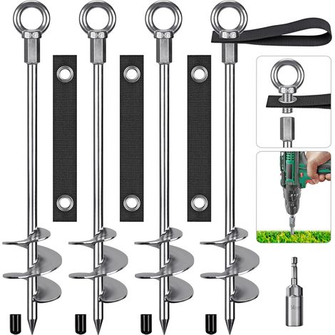 Piquet de Tente, Sardines de Fixation Lourd Ancrage de Terre Métallique, 45cm Lame Spirale Vissée dans Trampolines Kit pour Balançoire/Camping/Chien/Abri de Coiture avec Sangle Boucle Fixe,4pcs (1/5)