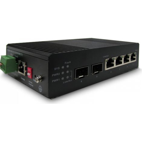 Industriell verwalteter PoE-Switch mit erweiterter Reichweite für DIN-Schienenmontage, 4 Gigabit-PoE-Ports + 2 Glasfaser-Uplink-Ports + 1 Konsolen-Port, max. 120 W