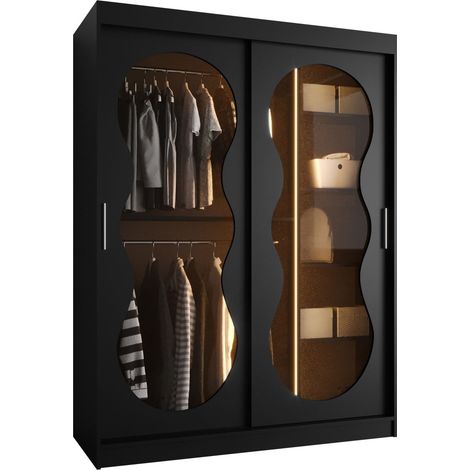 Armario Hartford 528, Negro, 200x150x62cm, Puertas de armario: Correderas, Número de estantes: 5, LED (1/5)