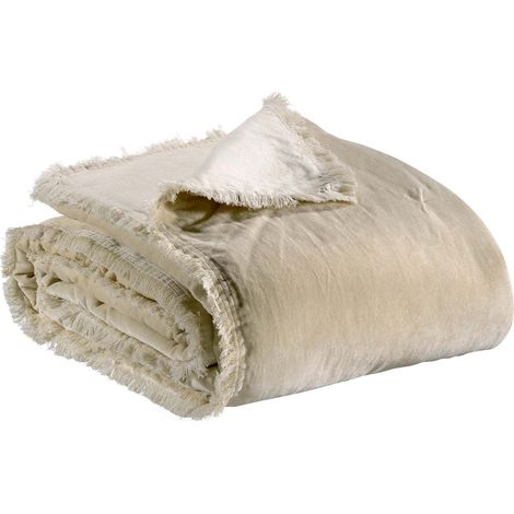 Jeté de lit uni en velours de coton coloris lin 240 x 260 cm Couvre-lit chaud à franges - PANGIVO (1/3)