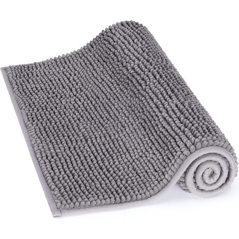 Non-slip and absorbent bath mat 80 cm x 50 cm, made of grey chenille microfiber. (1/5)