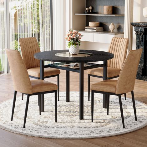Ensemble table ronde 100 cm bois noir + 4 chaises salle à manger marron tissu technique, rangement intégré, design minimaliste moderne (1/4)