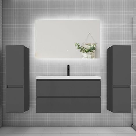 Ensemble meuble de salle de bain et lavabo anthracite (L.100cm) 2 tiroirs + meuble haut2 + lavabo + miroir LED (1/5)