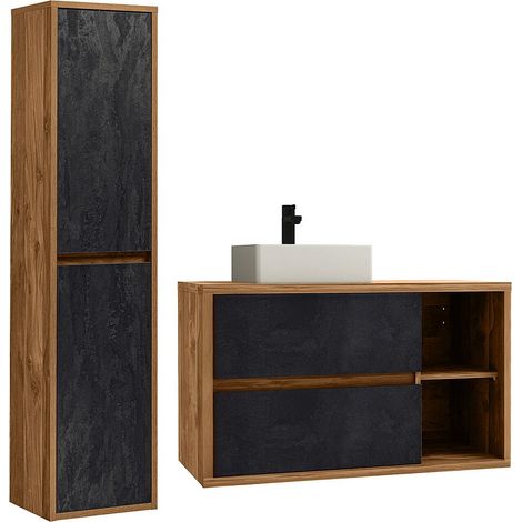 Mobile per bagno sospeso con lavabo e colonna 100 cm Naturale e Antracite - TIKITIKI (1/4)