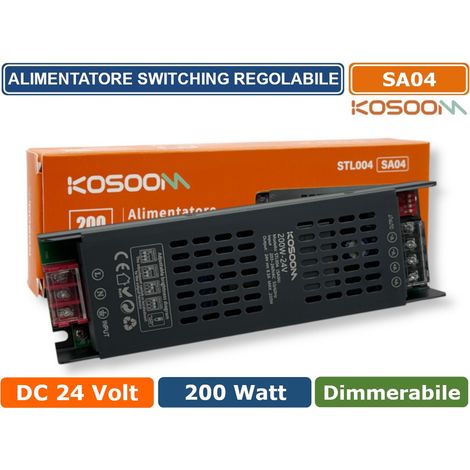 KOSOOM SA04 ALIMENTATORE TRASFORMATORE SLIM METALLICO STABILIZZATO SWITCHING DIMMERABILE 220V-24V 8.33A 200 WATT COLORE NERO IP20 (1/5)