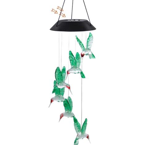 Solarbetriebenes LED-Kolibri-Windspiel mit hellgrünem Farbverlauf für den Außenbereich, Hof oder Garten. (1/5)