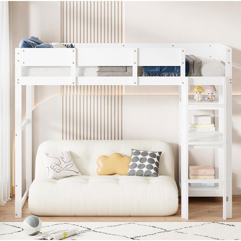 Letto a soppalco 90x200 con scaffale in legno bianco OKMYHOME (1/5)