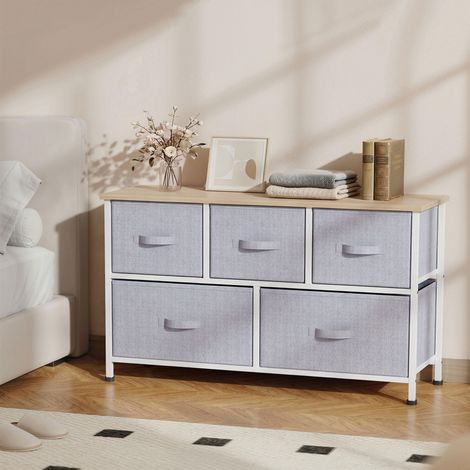 Cassettiera con 5 cassetti in tessuto, comò per camera da letto, struttura in metallo, 100x30x54 cm, grigio