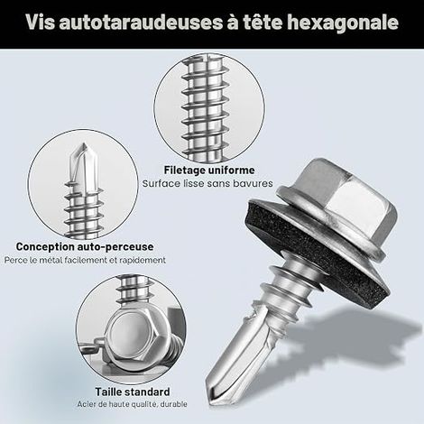 4.8×17mm Vis Autoforeuse Metal avec Manchon Hexagonal, Vis Autoperforante Inox Bac Acier Hexagonale, Toiture Tête Hexagonale pour Fixation Argenté (1/3)
