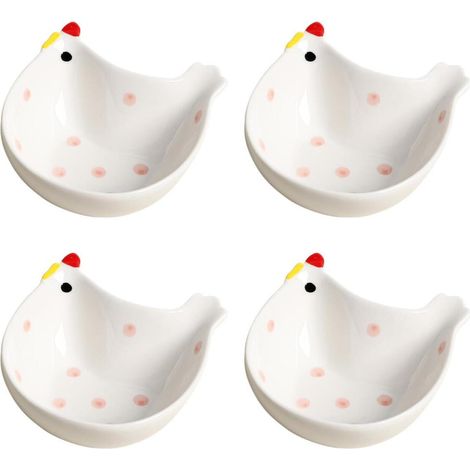 Lot de 4 adorables plats d'accompagnement en céramique en forme de poulet - Assiettes empilables à pois, bols à sauce soja et assiettes à apéritif, vaisselle champêtre craquante pour la cuisine (1/5)