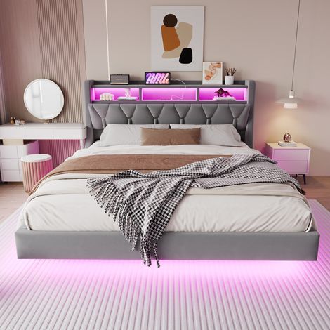 Lit 180x200cm - Lit double suspendu avec tête de lit rabattable avec prise et compartiment - éclairage LED - velours gris (1/5)