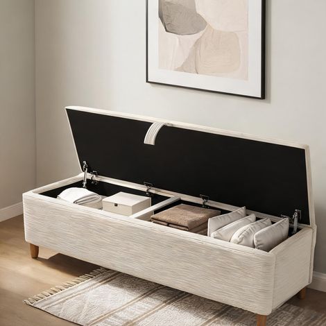 Banquette coffre en tissu cord beige avec dossier (1/5)