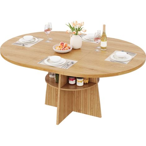 Table à manger ronde extensible 110-150 cm en MDF, pour 2 à 8 personnes, avec plateau coulissant et étagère intégrée, finition bois clair moderne  CHICFURN (1/5)