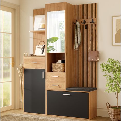 Mueble de entrada 120x32x178 cm con espejo, banco, zapatero, cajones, LED y acabado natural - negro (1/5)