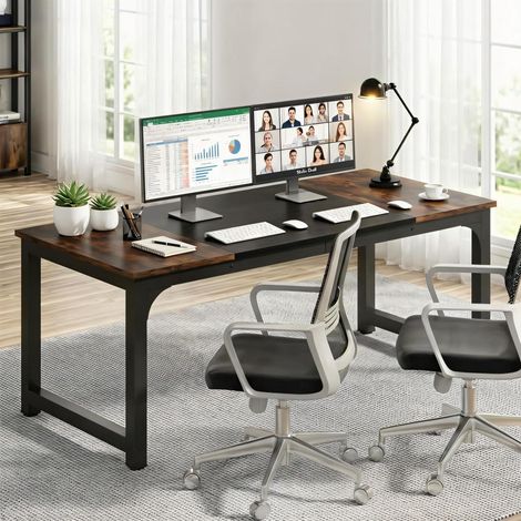 Großer Computertisch 180x80cm, Doppelter Schreibtisch mit Metallrahmen, Braun/Schwarz (1/5)